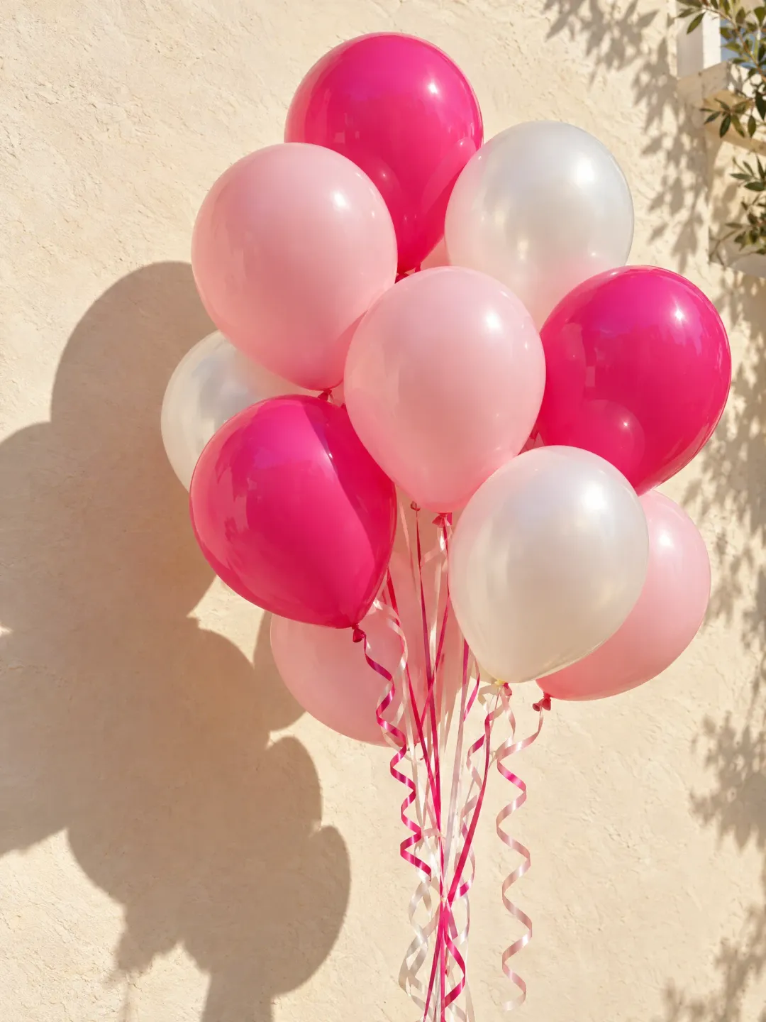 A bunch of pink and white balloons