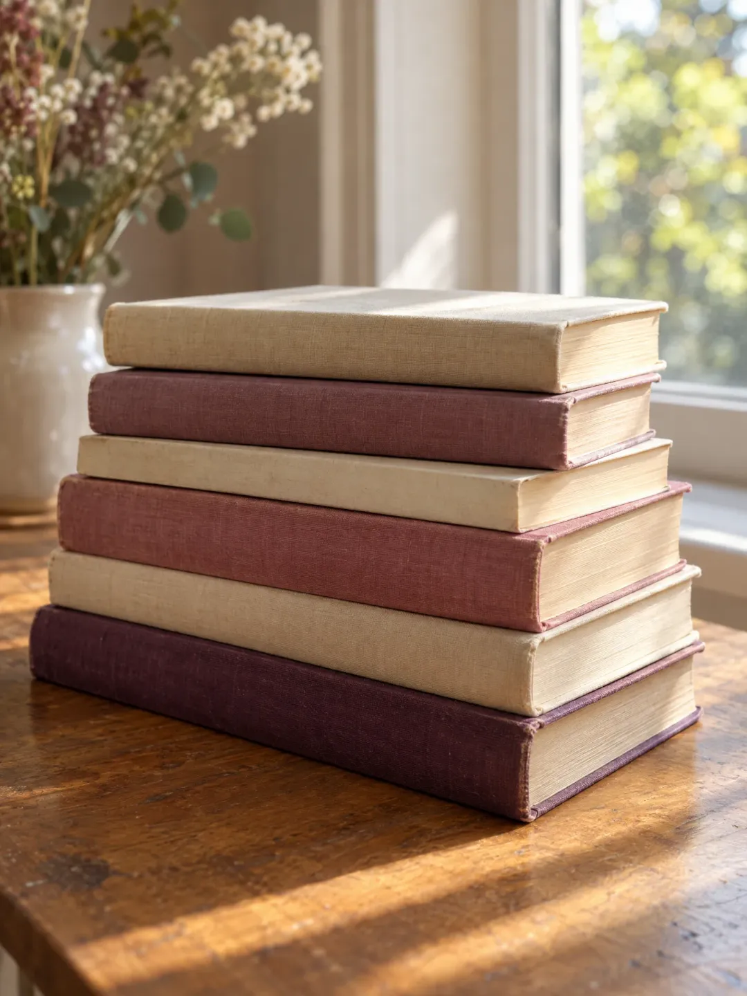 A stack of books on a sunny table