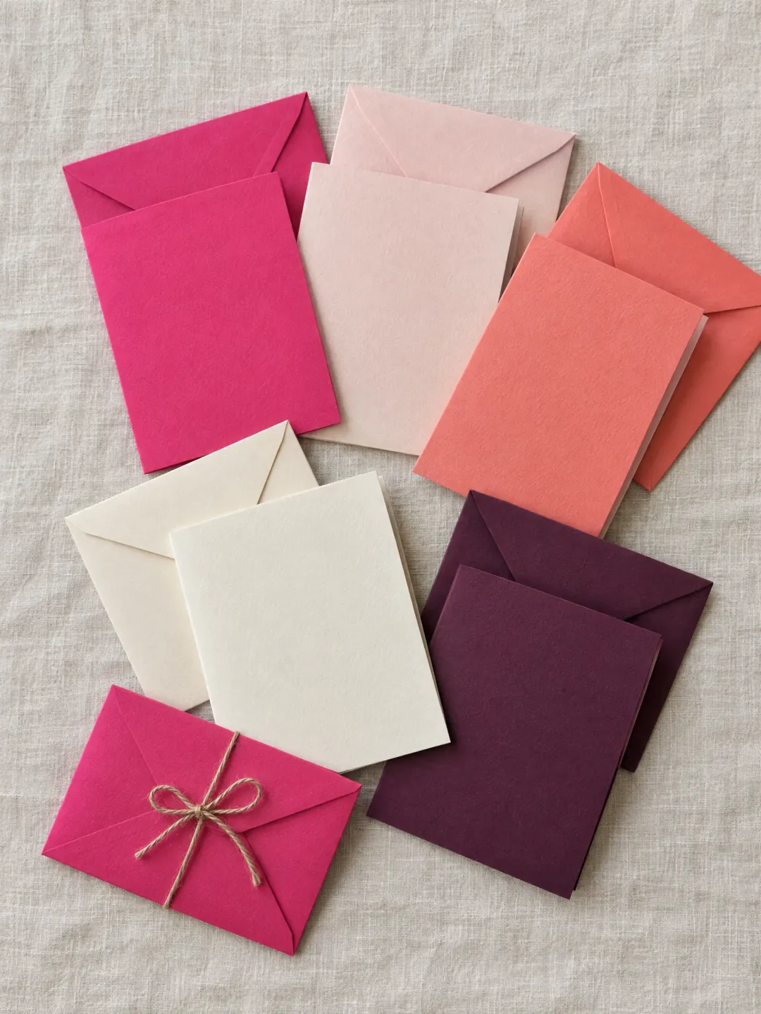 Greeting cards and envelopes in pink, coral, cream and plum