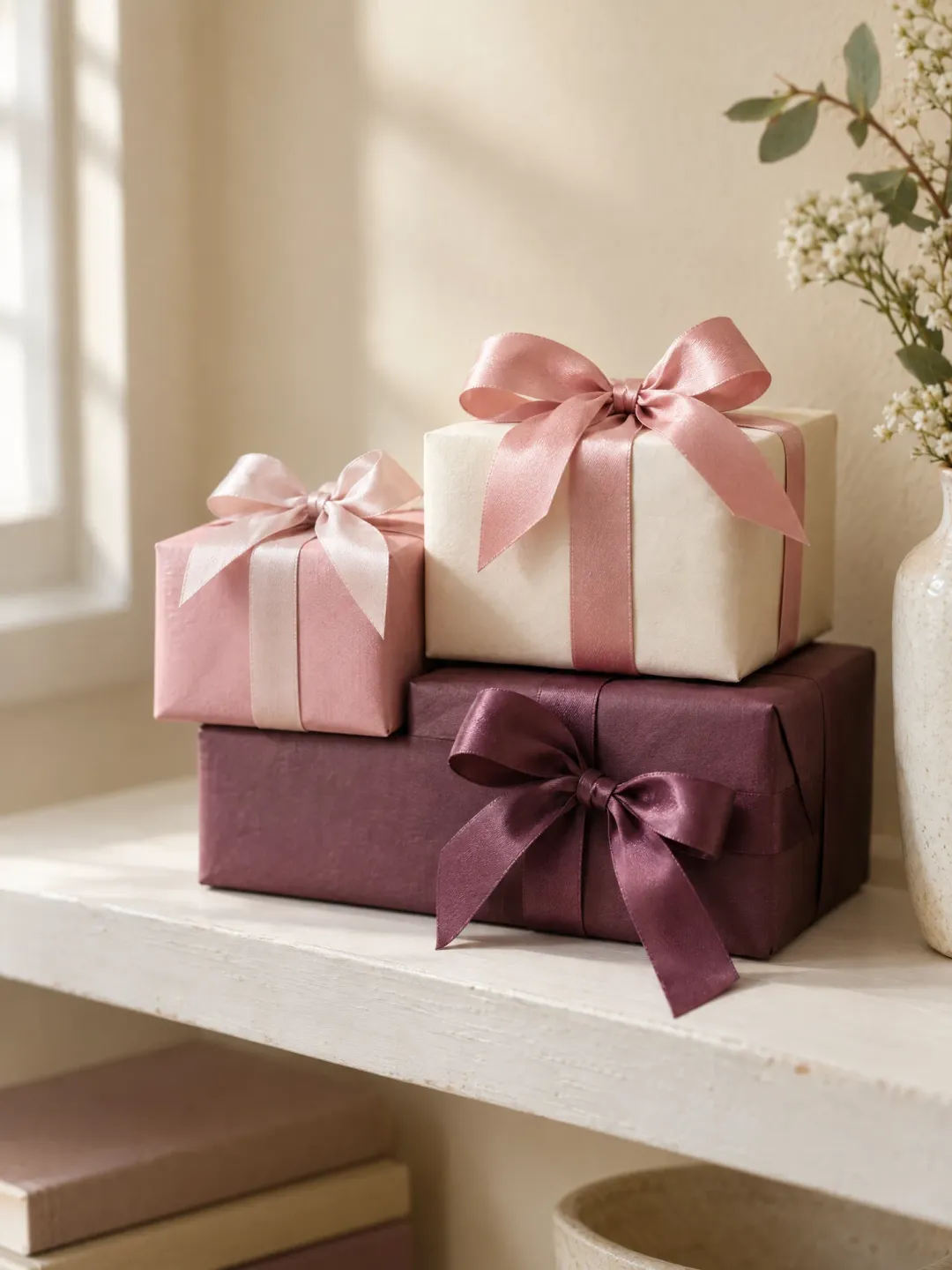 Small wrapped gifts with satin bows on a shelf