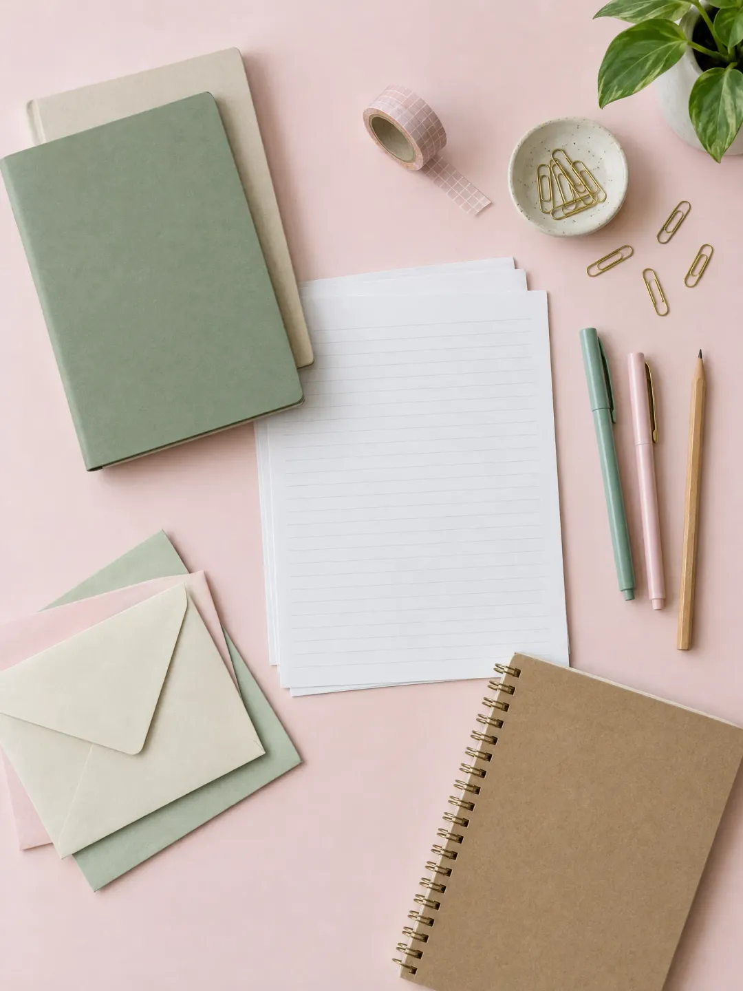 Notebooks, envelopes, pens and tape on a pink desk